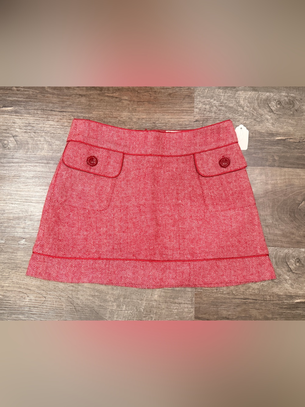 Tulle Red Herringbone Mini Skirt with Button Pocket Detail